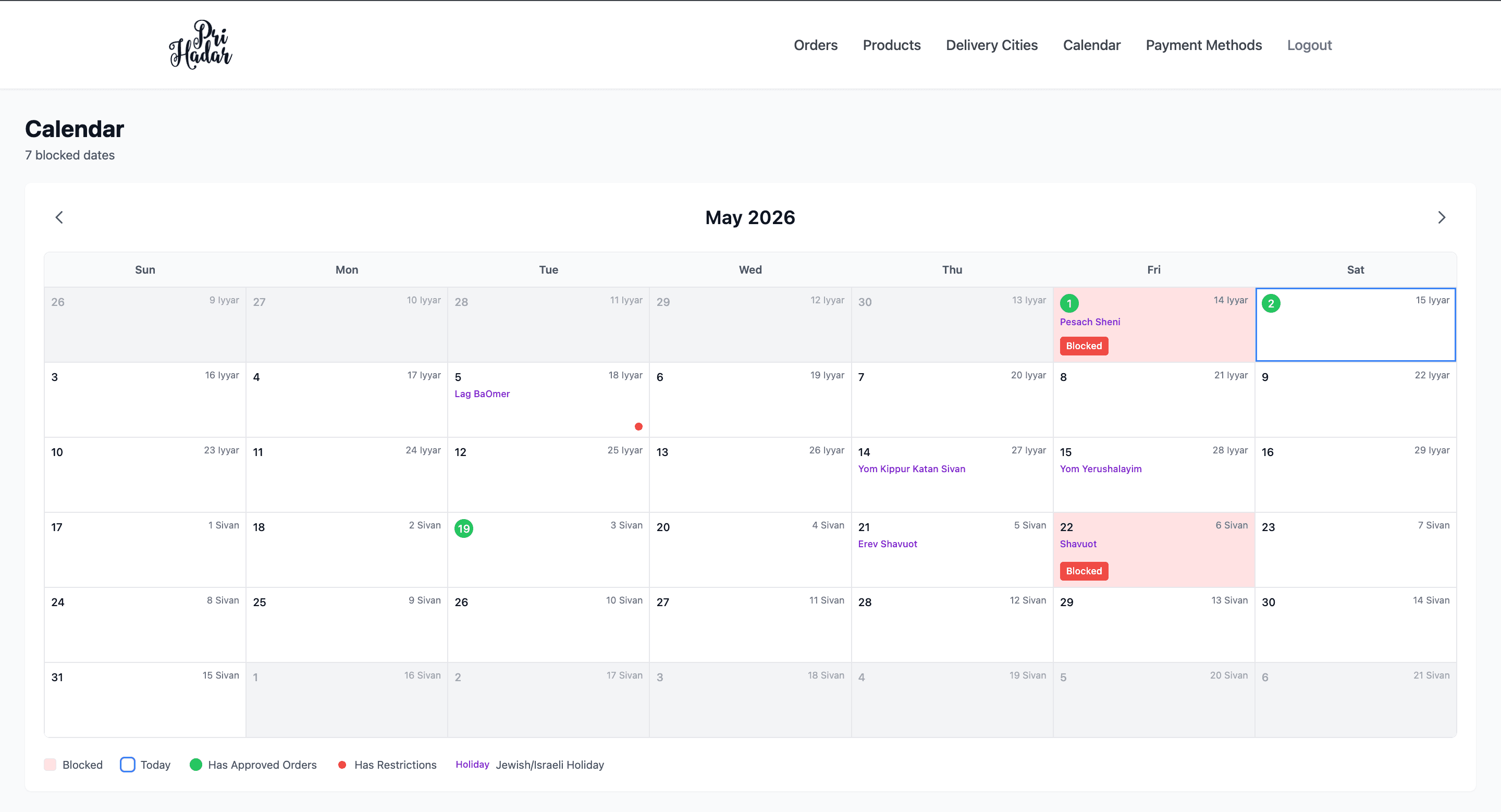 Delivery calendar